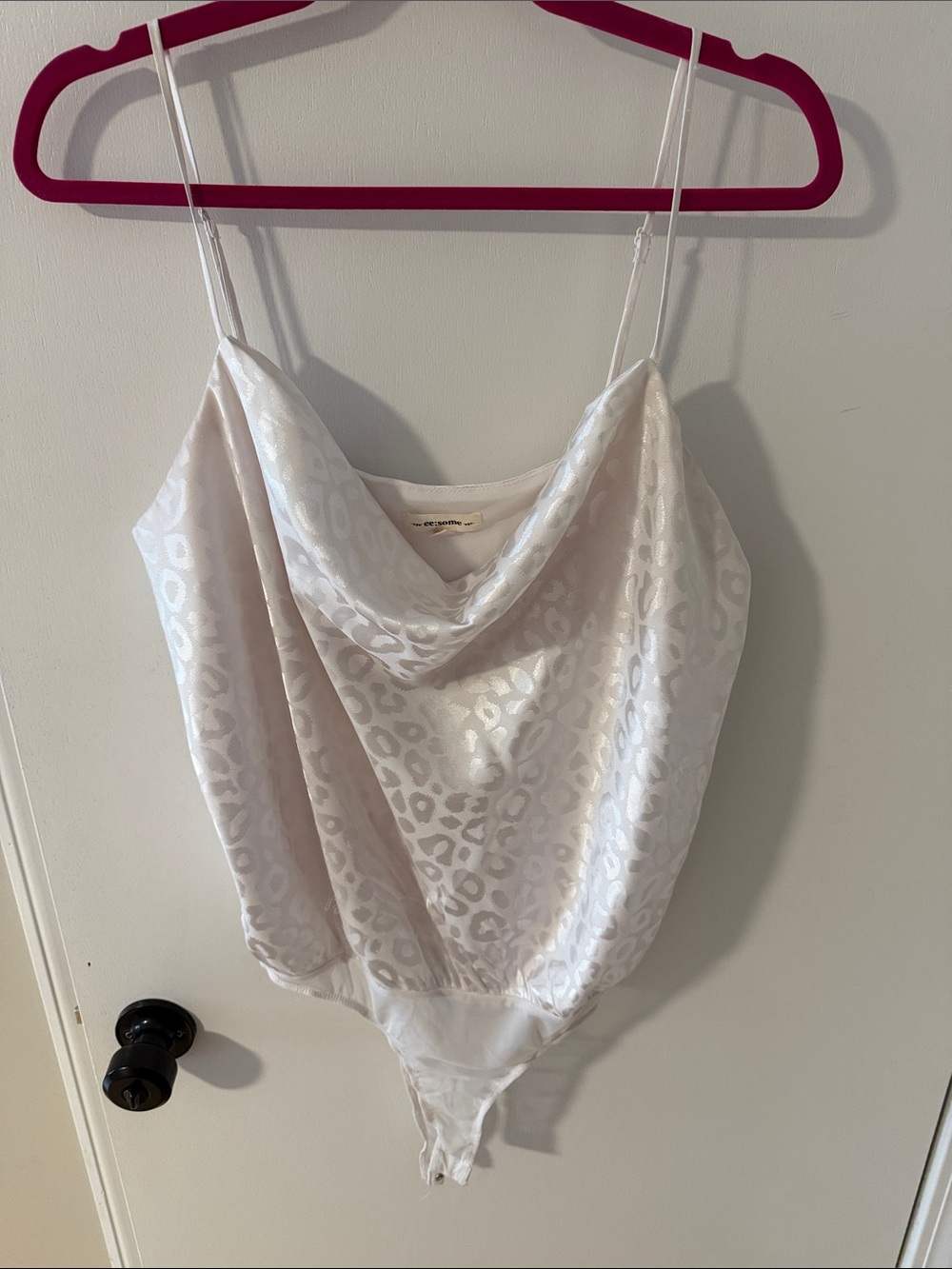 eesome White Leopard Jacquard Cowl Neck Bodysuit